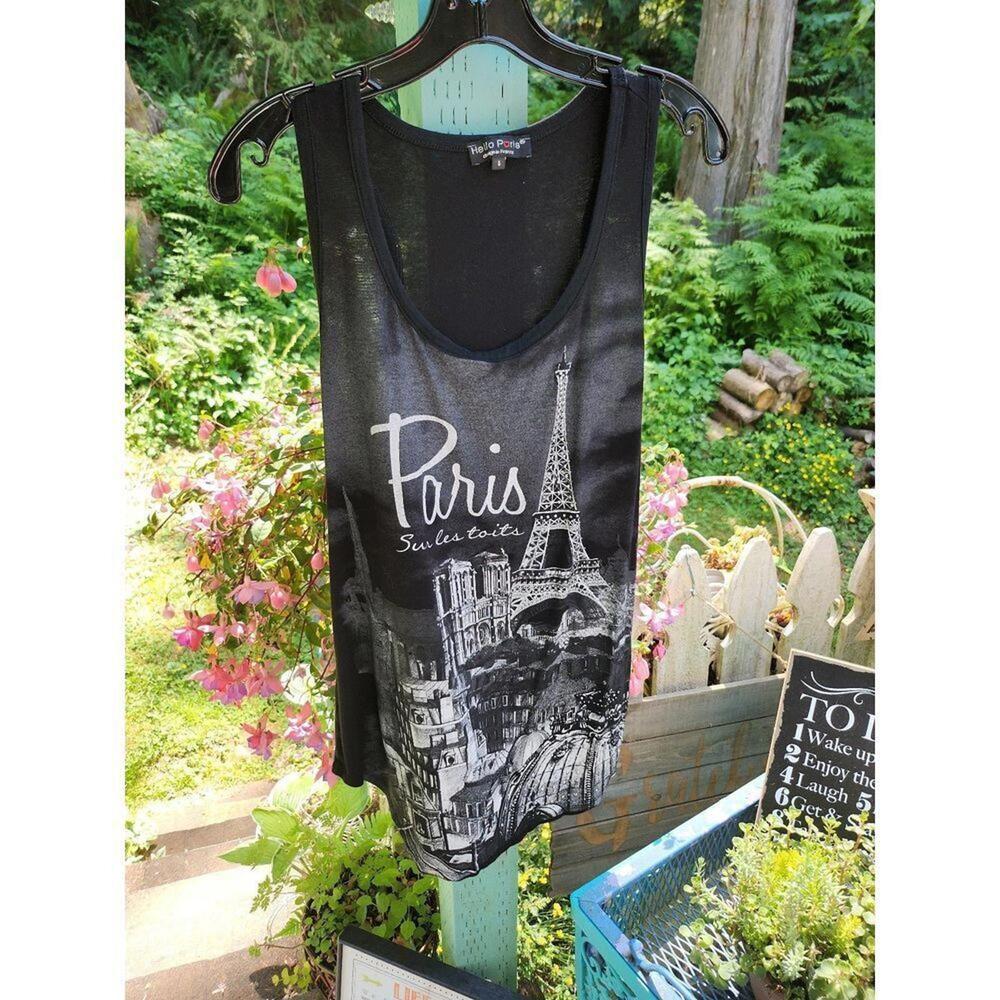 No Boundaries Black Paris Graphic Tank Top with Rhinestones